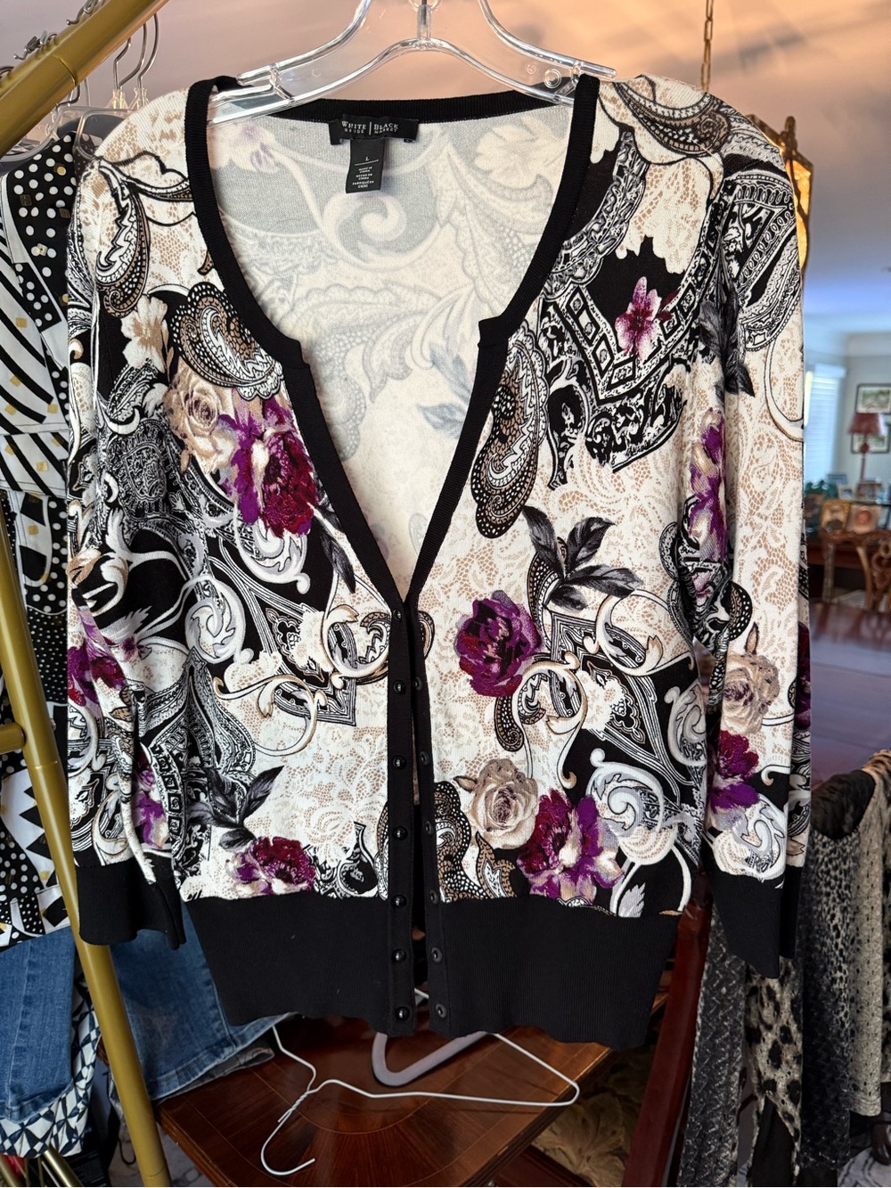 White House Black Market Black, Cream & Purple Paisley Floral Cardigan